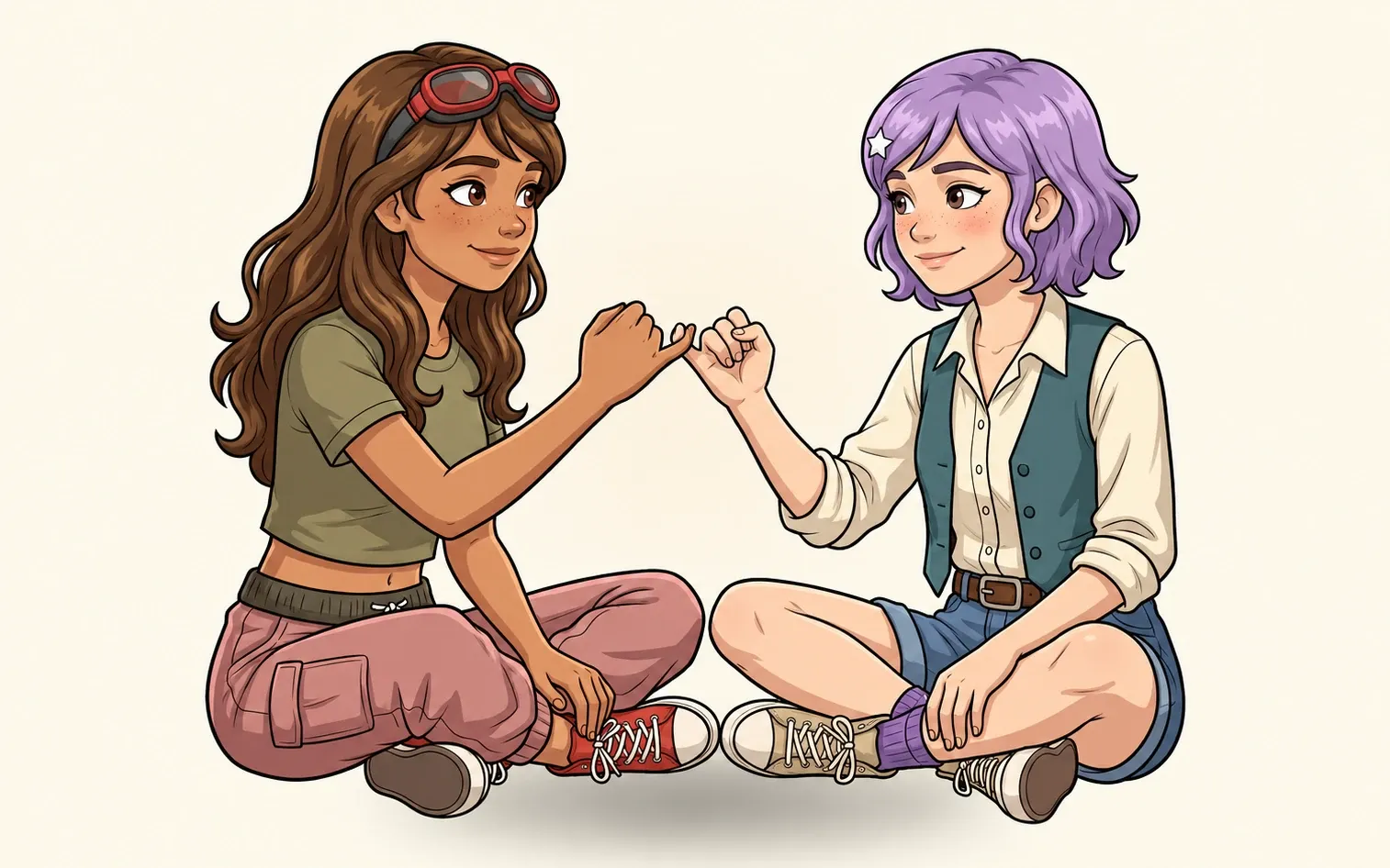 Deux personnages HELLOO scellent une promesse, petit doigt contre petit doigt