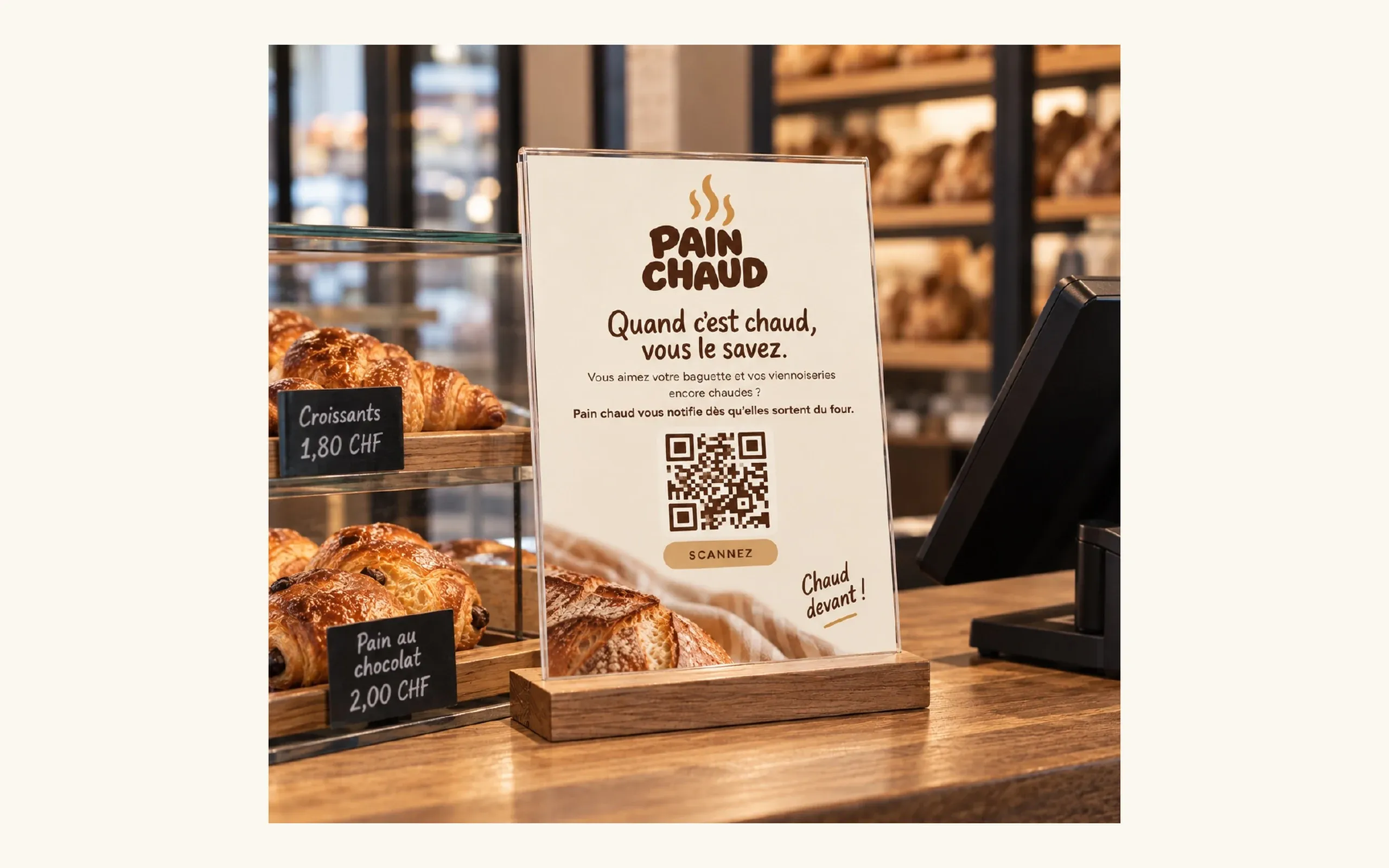Le carton Pain chaud posé sur le comptoir de la boulangerie, avec son QR code