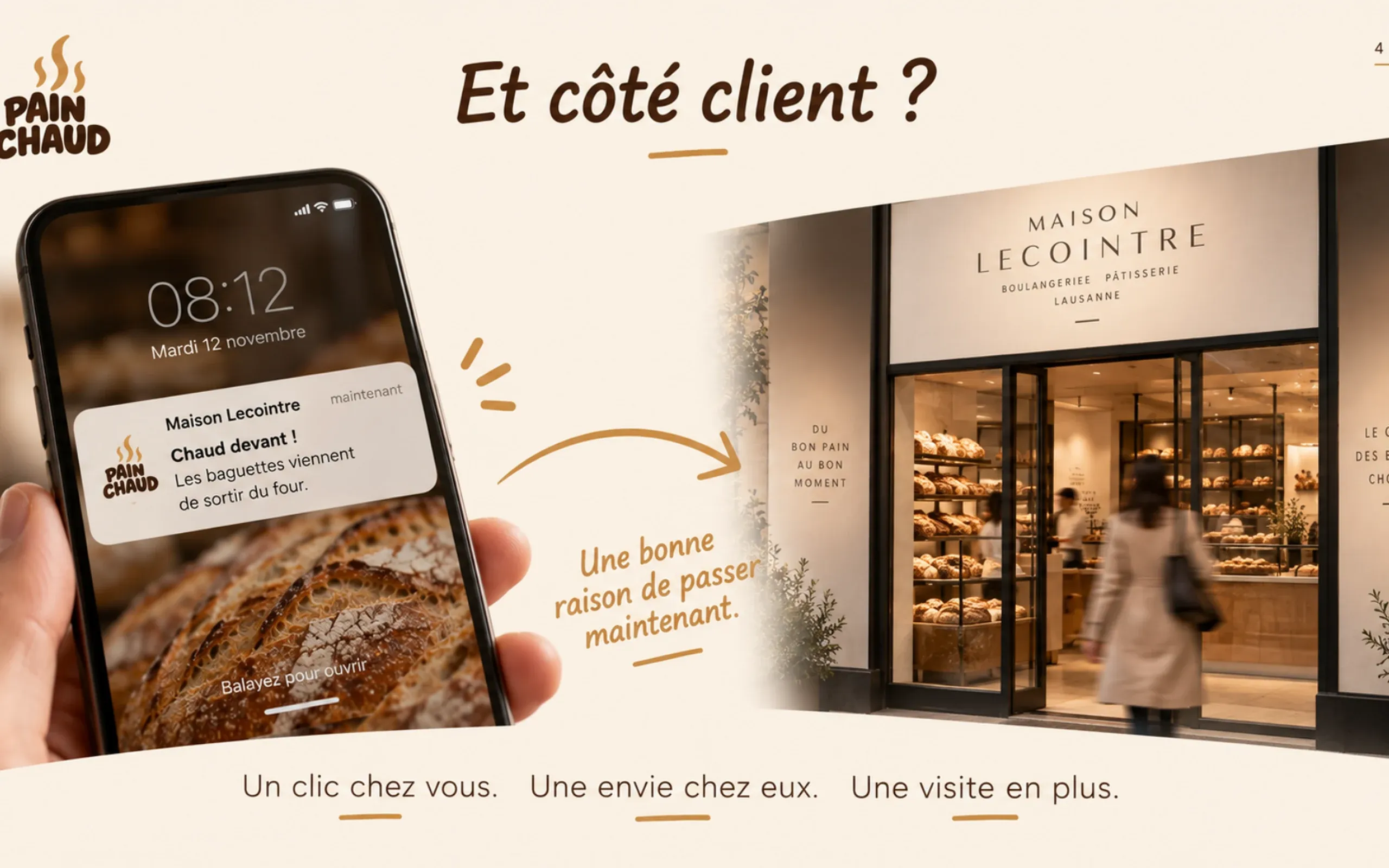 Une notification sur un téléphone, et la vitrine de la boulangerie