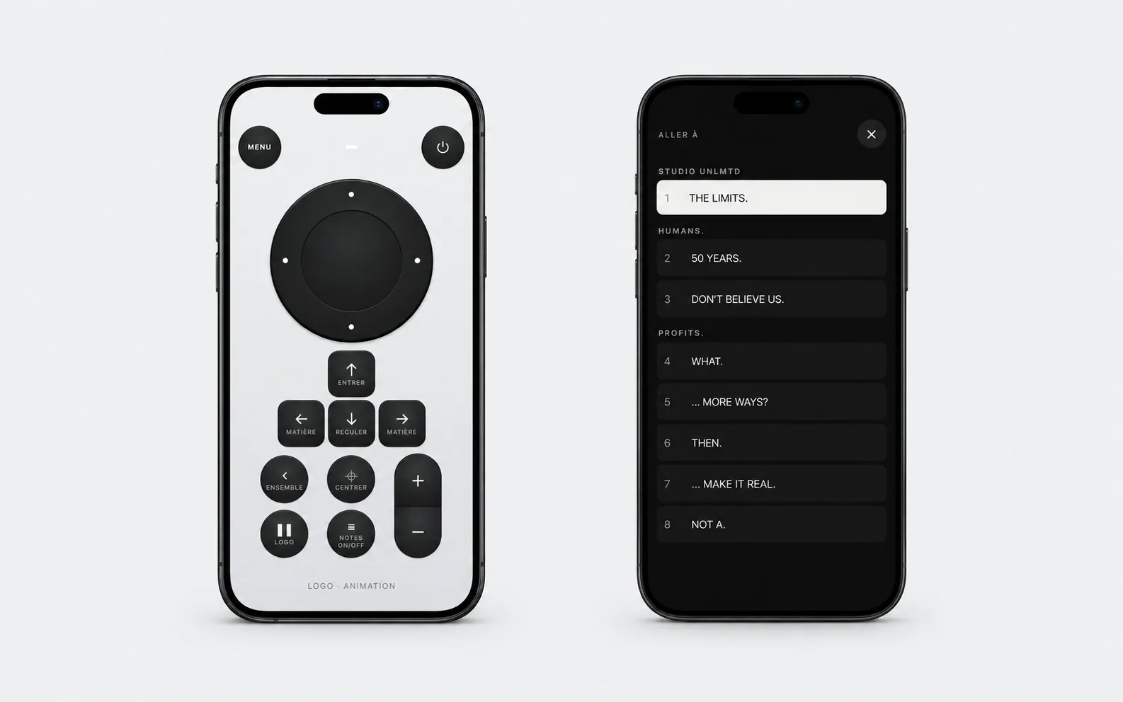 La télécommande et le plan de la présentation, sur deux téléphones