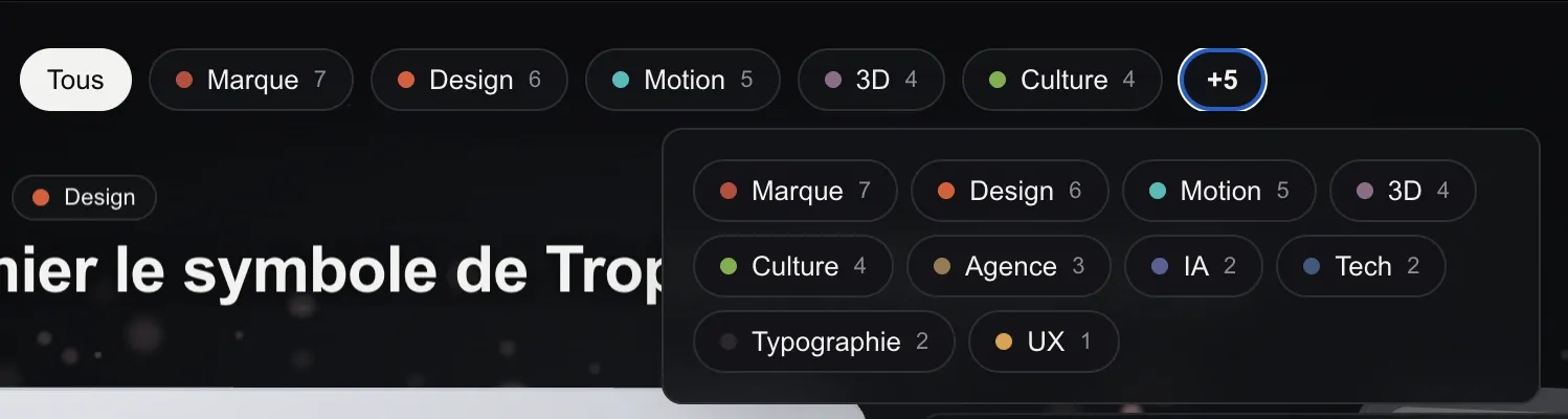 Les thèmes de la veille : marque, design, motion, 3D, culture, agence, IA, tech, typographie, UX
