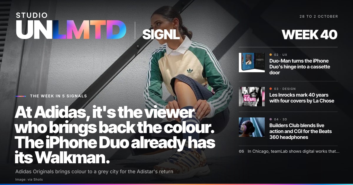 SIGNL cover, week 40: At Adidas, it’s the viewer who brings back the colour. The iPhone Duo already has its Walkman.