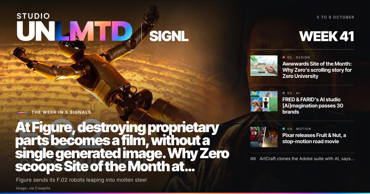 SIGNL cover, week 41: At Figure, destroying proprietary parts becomes a film, without a single generated image. Why Zero scoops Site of the Month at awwwards.