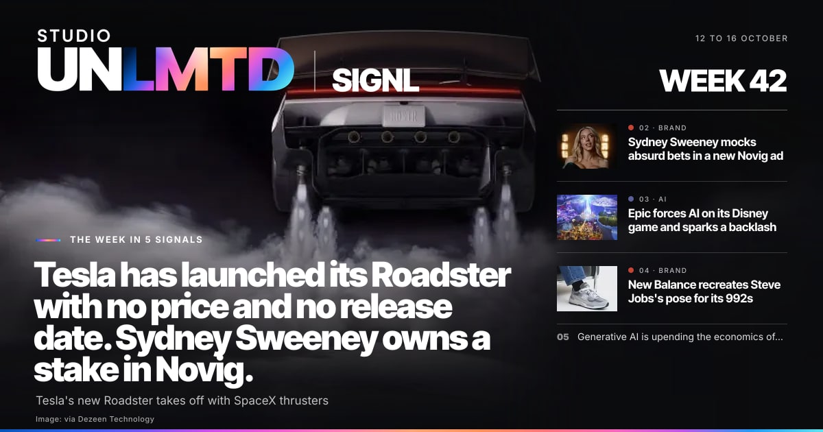 SIGNL cover, week 42: Tesla has launched its Roadster with no price and no release date. Sydney Sweeney owns a stake in Novig.