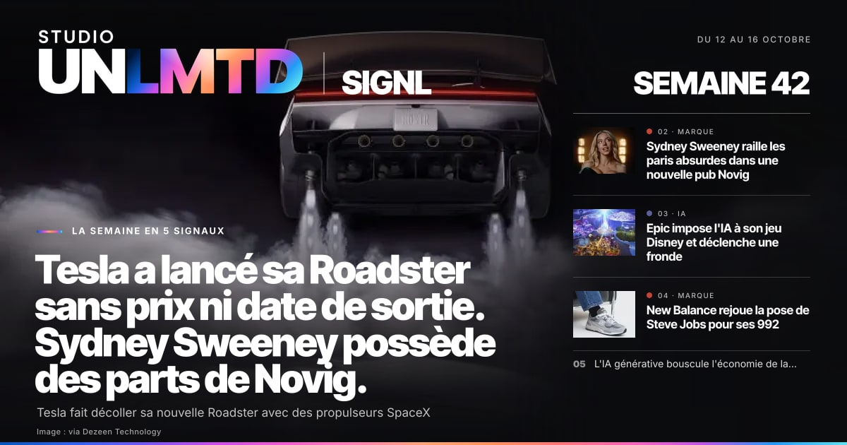 Couverture de SIGNL, semaine 42 : Tesla a lancé sa Roadster sans prix ni date de sortie. Sydney Sweeney possède des parts de Novig.